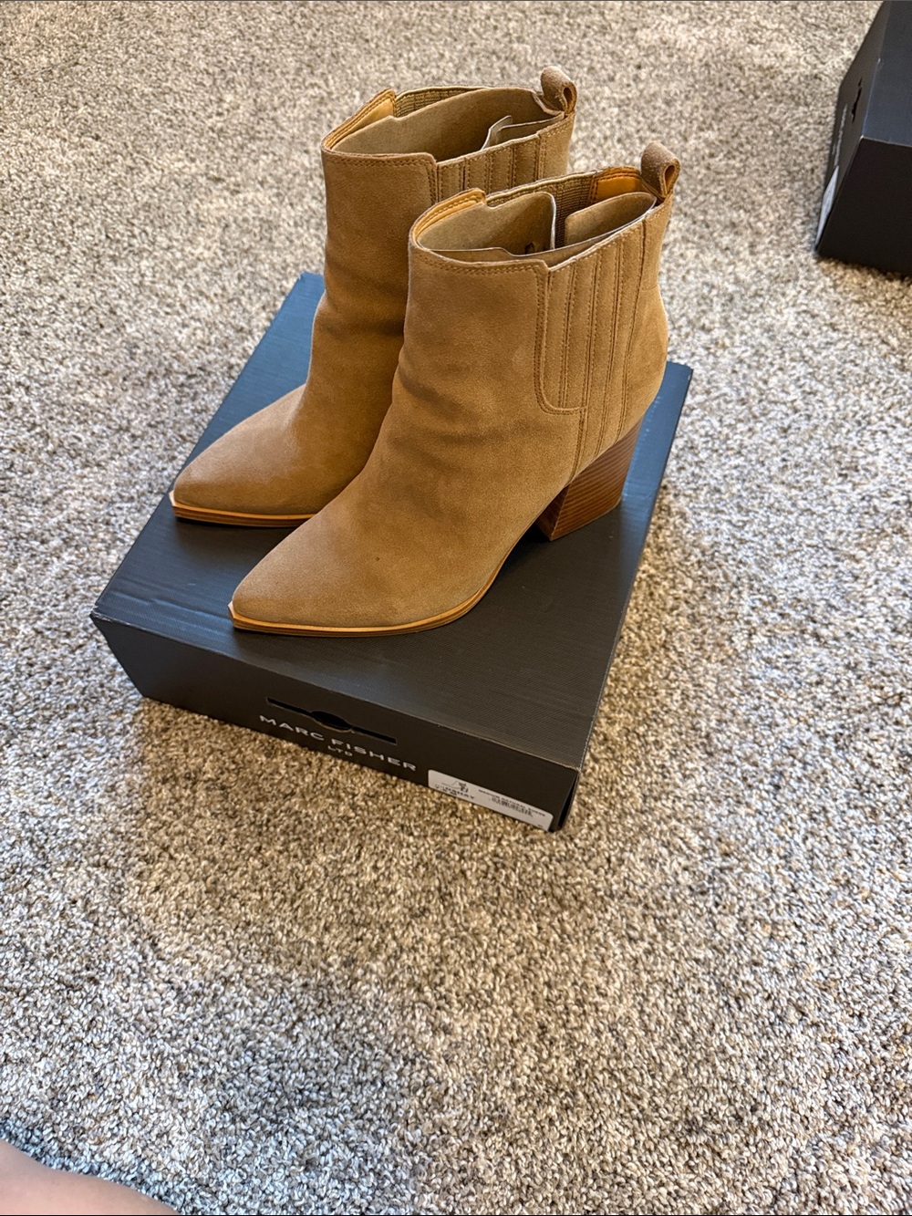 Marc Fisher Tan Suede Pointed Western Ankle Boots